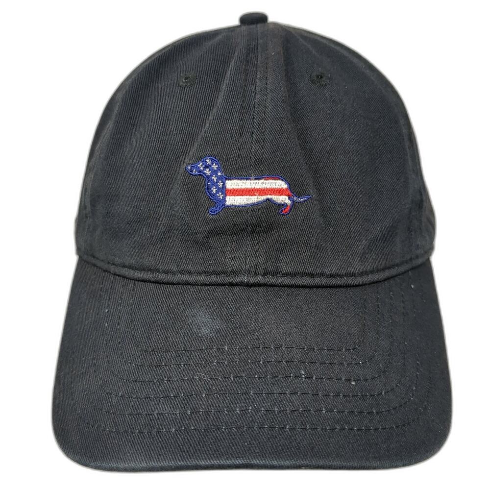 American Flag Dog Slideback Baseball Cap Black One Size Adjustable Embroidered